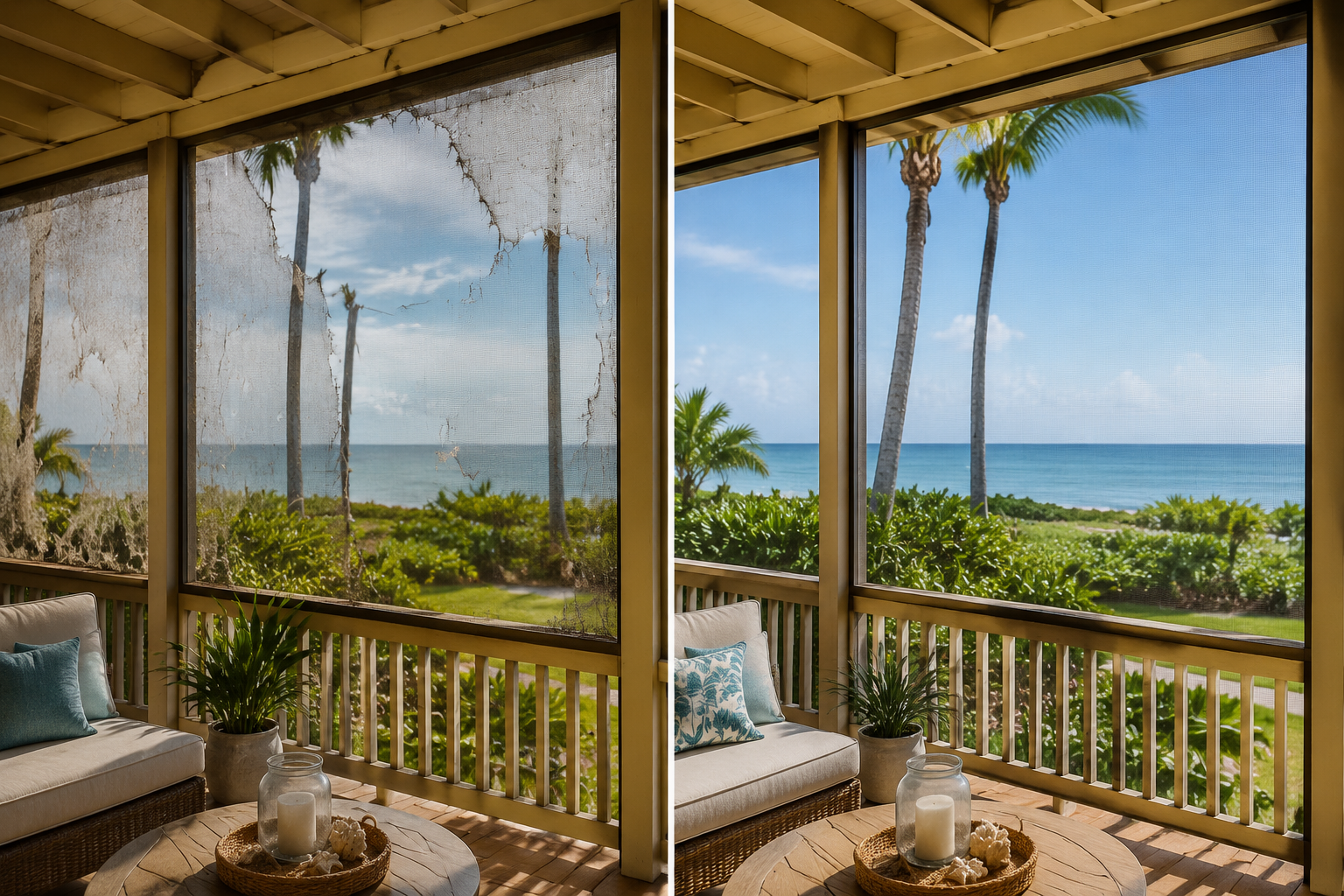 Before and after view of a lanai screen panel refresh