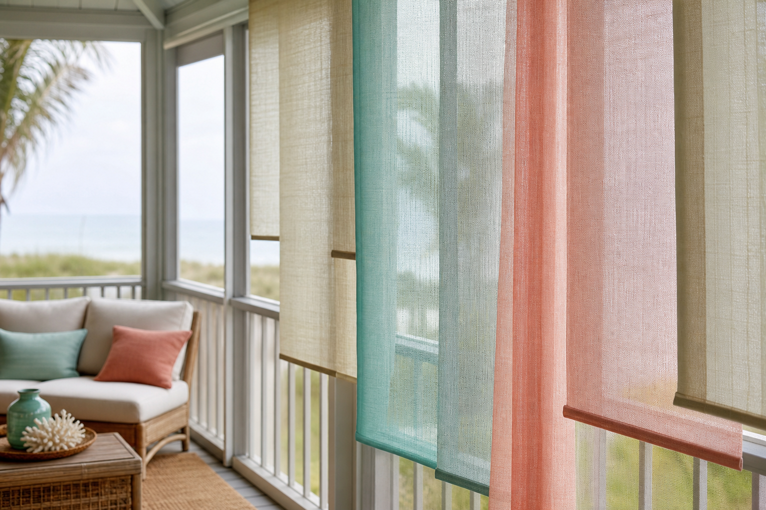 Layered privacy shade material panels for a screened porch